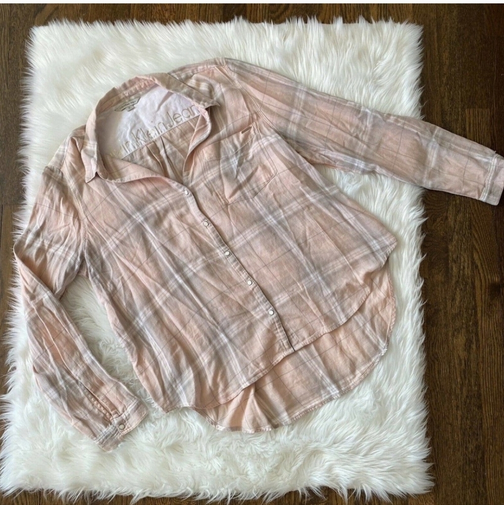 Calvin Klein Jeans Women's Pink Gray Plaid Checkered Button Front Top Size XL